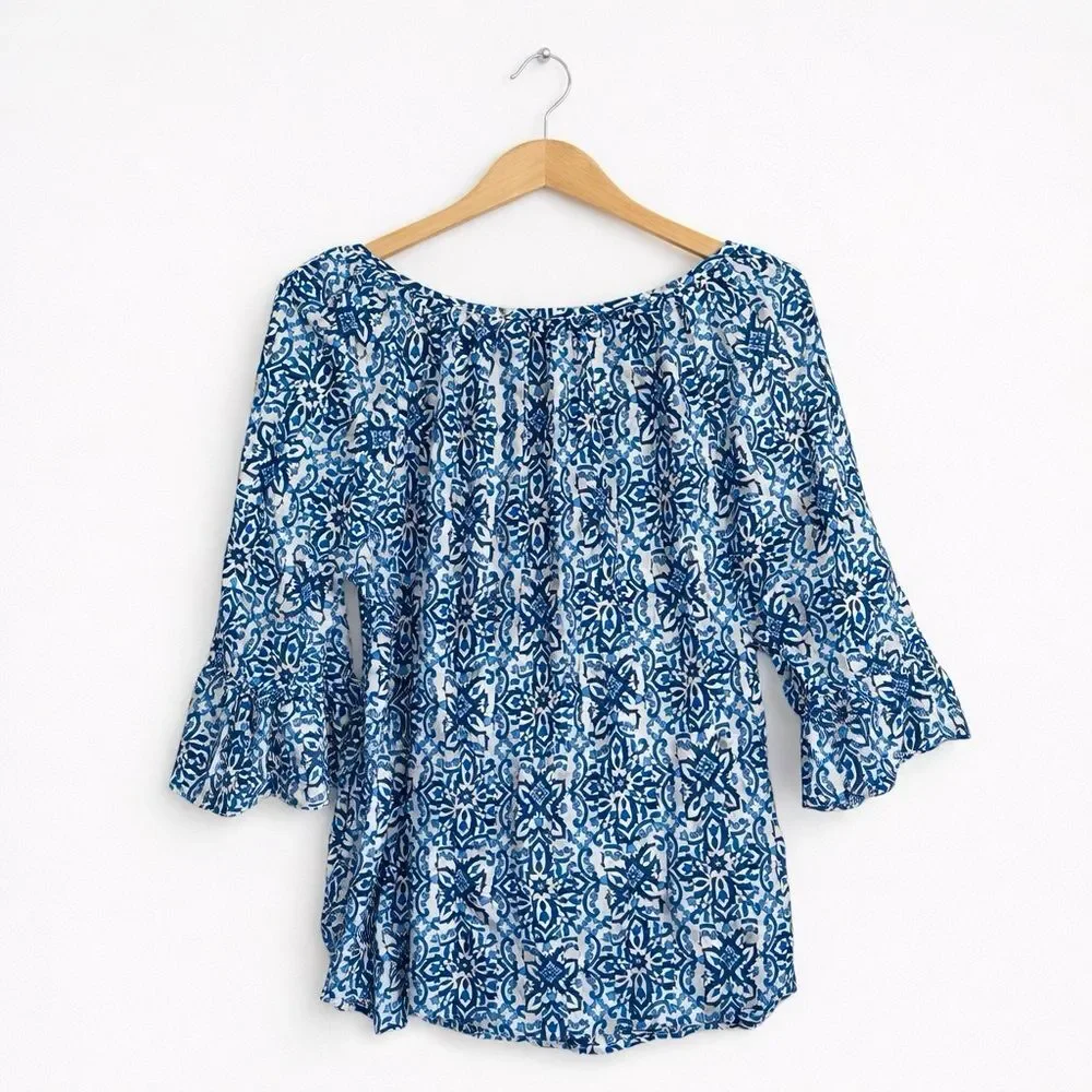 Milly Blue Pink Floral Medallion Boho Blouse Large Tassel Tie Peasant Top Casual